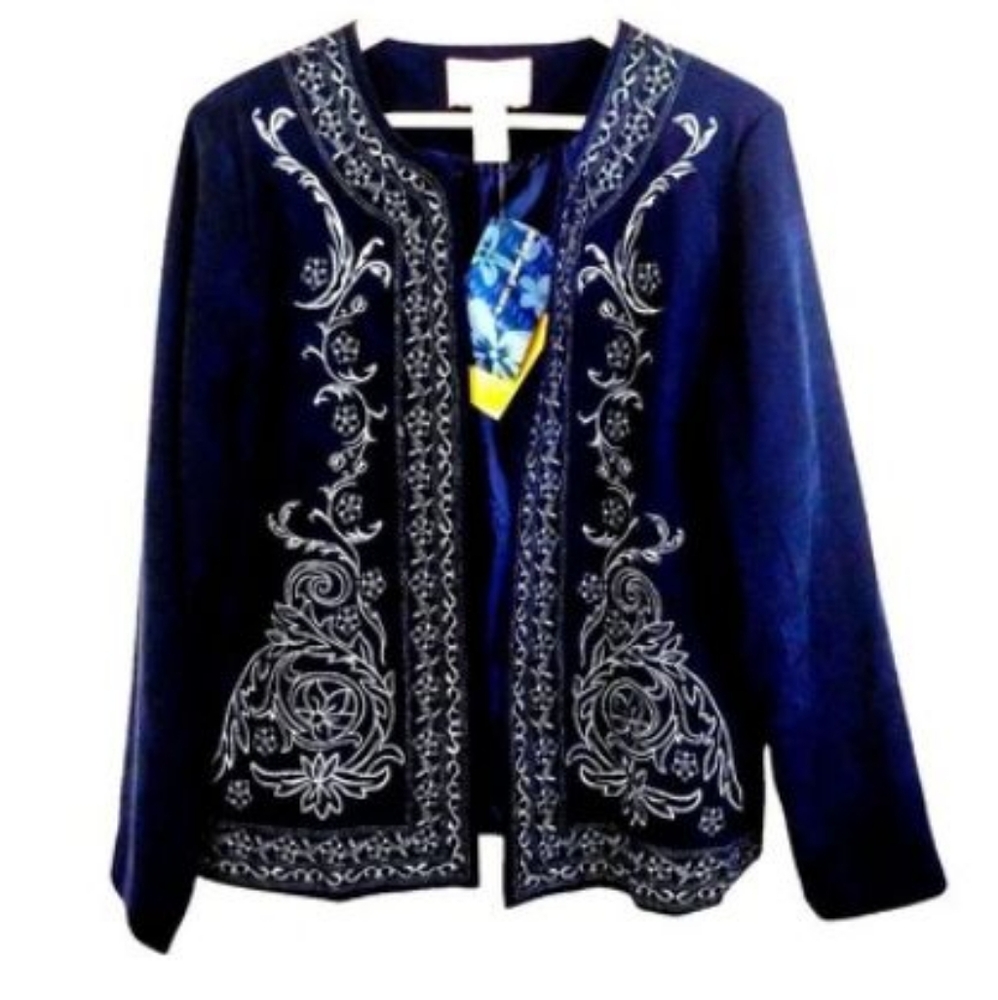 Susan Graver Velour Formal Blazer Size M  Midnight Blue Embroider Wedding Event